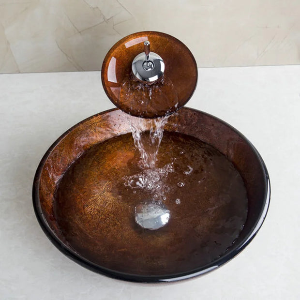 Monite Bathroom Washbasin Tempered Glass Hand-Painted Waterfall Lavatory Bath Combine Brass Set Faucet Mixers Taps Pop-up Drain
