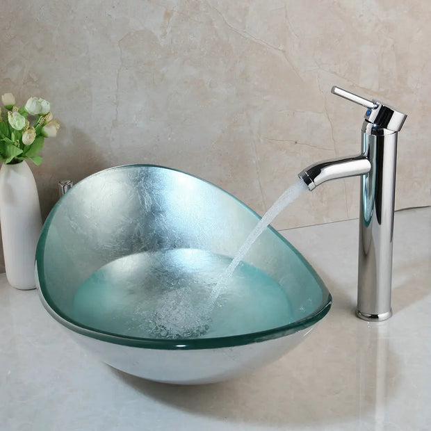 OUBONI Silver Shiny Bathroom Tempered Glass Basin Sink W/ Faucet Set Wash Basin Countertop Washroom Vessel Vanity Mixer Tap