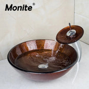 Monite Bathroom Washbasin Tempered Glass Hand-Painted Waterfall Lavatory Bath Combine Brass Set Faucet Mixers Taps Pop-up Drain