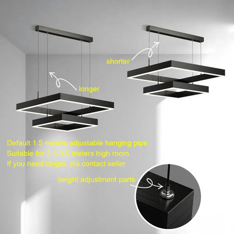 LED Square Pendant Light for Dining Room Bedroom Living Room Home Loft Decor Modern Black Aluminum Hanging Lamp