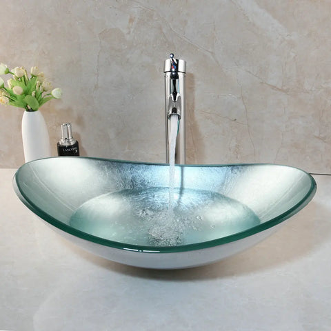 OUBONI Silver Shiny Bathroom Tempered Glass Basin Sink W/ Faucet Set Wash Basin Countertop Washroom Vessel Vanity Mixer Tap