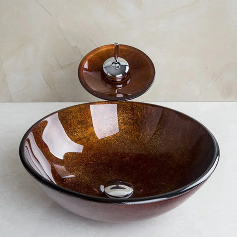 Monite Bathroom Washbasin Tempered Glass Hand-Painted Waterfall Lavatory Bath Combine Brass Set Faucet Mixers Taps Pop-up Drain