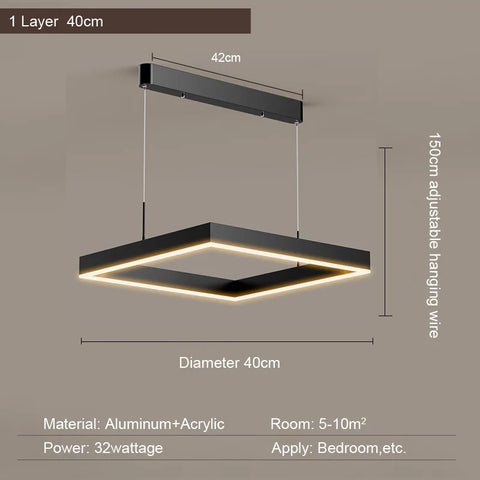 LED Square Pendant Light for Dining Room Bedroom Living Room Home Loft Decor Modern Black Aluminum Hanging Lamp