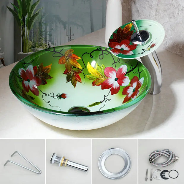 Monite Lotus Flower Waterfall Chrome Polish Art Hand Paint Bathroom Basin Round Washbasin Faucet Tempered Glass Vessel Sink Set