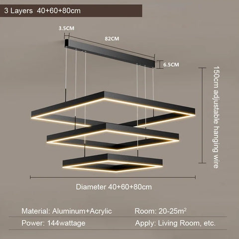 LED Square Pendant Light for Dining Room Bedroom Living Room Home Loft Decor Modern Black Aluminum Hanging Lamp