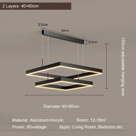 LED Square Pendant Light for Dining Room Bedroom Living Room Home Loft Decor Modern Black Aluminum Hanging Lamp