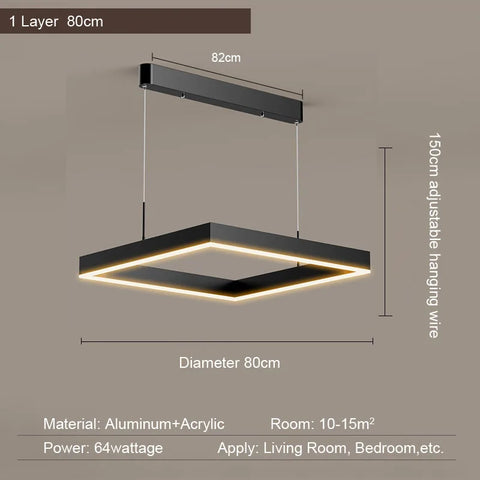 LED Square Pendant Light for Dining Room Bedroom Living Room Home Loft Decor Modern Black Aluminum Hanging Lamp