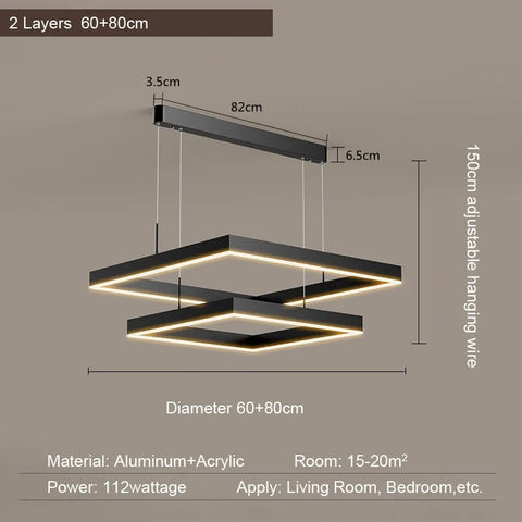 LED Square Pendant Light for Dining Room Bedroom Living Room Home Loft Decor Modern Black Aluminum Hanging Lamp