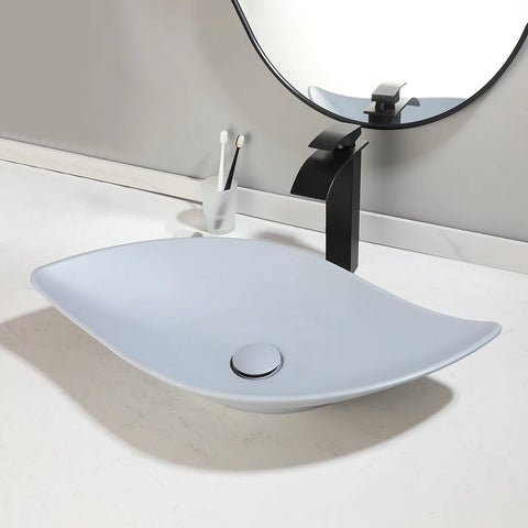 Torayvino Polymer Skin Feel Art Basin Bathroom Vessel Vanity Counter Top Washbasin w/ Mixer Waterfall Faucet & Pop-up Drain Set