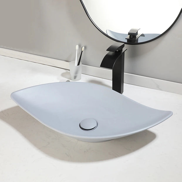 Torayvino Polymer Skin Feel Art Basin Bathroom Vessel Vanity Counter Top Washbasin w/ Mixer Waterfall Faucet & Pop-up Drain Set
