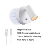 Magnetic Base USB Rechargeable LED Cordless Wall Light with Touch Switch Black White Magnet Dimmable Bedside Lamp for Reading