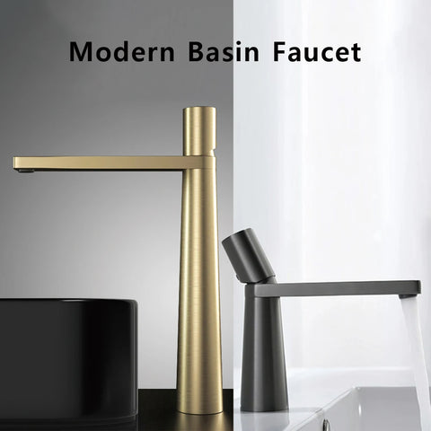 Modern Basin Faucet Brushed Gold Brass Bathroom Mixer Faucet Grey Washbasin Faucet Single Handle Single Hole Wash Sink Water Tap