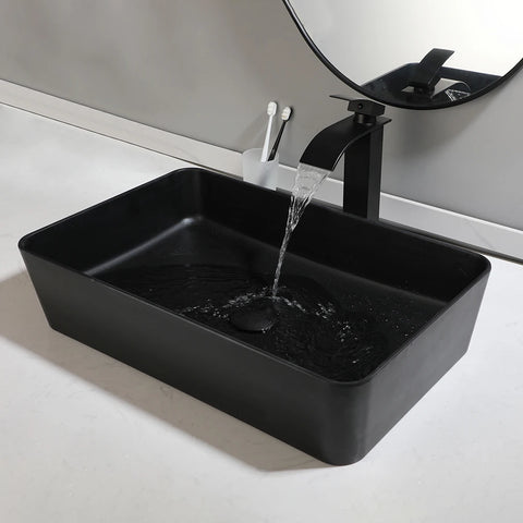Torayvino Polymer Skin Feel Art Basin Bathroom Vessel Vanity Counter Top Washbasin w/ Mixer Waterfall Faucet & Pop-up Drain Set