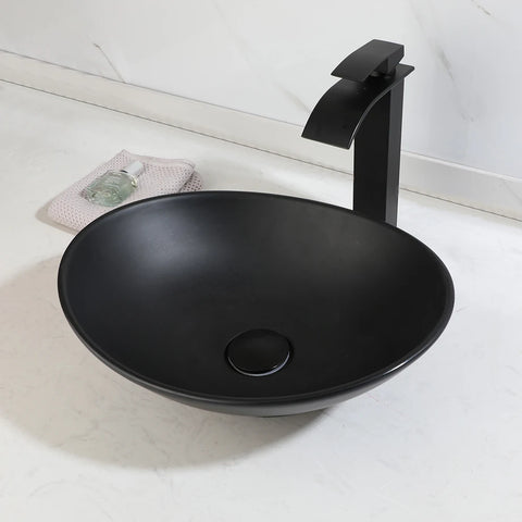 Torayvino Polymer Skin Feel Art Basin Bathroom Vessel Vanity Counter Top Washbasin w/ Mixer Waterfall Faucet & Pop-up Drain Set