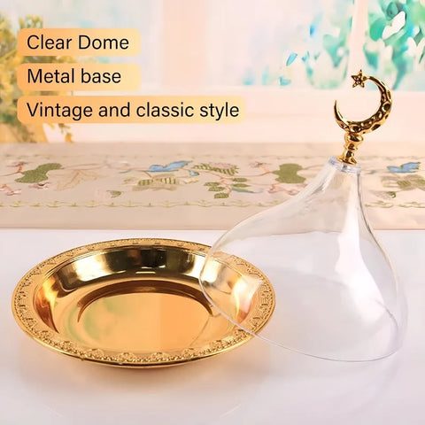 Metal Ramadan Tray with Clear Domed Lid Mini Cake Candy Sealed Tray Reusable Dessert Tray Round Carved Moon Serving