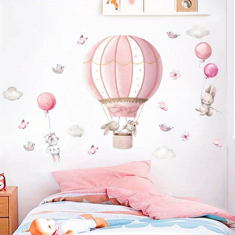2pcs Cartoon Cute Rabbit Pink Balloon Clouds Wall Stickers for Kids Room Decor Children's Living Room Nursery Wall Decoration