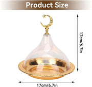 Metal Ramadan Tray with Clear Domed Lid Mini Cake Candy Sealed Tray Reusable Dessert Tray Round Carved Moon Serving
