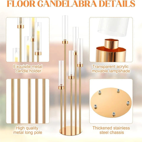 Gold Metal and Acrylic Candelabra Centerpiece 5 Arms Taper Candle Holder Clear Tubes Wedding Party Elegant Table Decor 10 Pcs