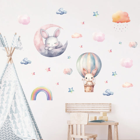 2pcs Cartoon Cute Rabbit Pink Balloon Clouds Wall Stickers for Kids Room Decor Children's Living Room Nursery Wall Decoration