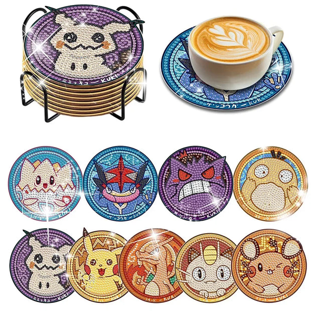 6/8/9/12pcs DIY Pokémon Diamond Painting Cousters Cute Cartoon Rhinestones Art Mosaic Cup Pad Table Placemat Home Decor Gift