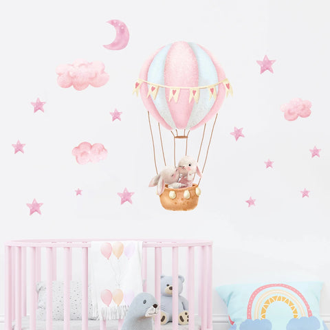 2pcs Cartoon Cute Rabbit Pink Balloon Clouds Wall Stickers for Kids Room Decor Children's Living Room Nursery Wall Decoration