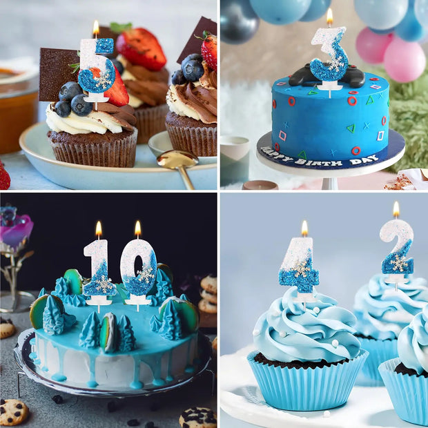 Frozen Birthday Candles 0-9, Snowflake Glitter Number Candles White and Blue Cake Decorations for Kids Adults Birthday Wedding
