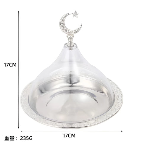 Metal Ramadan Tray with Clear Domed Lid Mini Cake Candy Sealed Tray Reusable Dessert Tray Round Carved Moon Serving