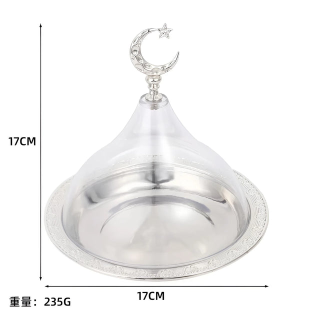 Metal Ramadan Tray with Clear Domed Lid Mini Cake Candy Sealed Tray Reusable Dessert Tray Round Carved Moon Serving