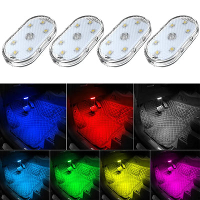 4Pcs Car LED Lights Interior Wireless 7 Colors with 6 LED Beads Portable USB Rechargeable Interior Led Night Light for Car Decor