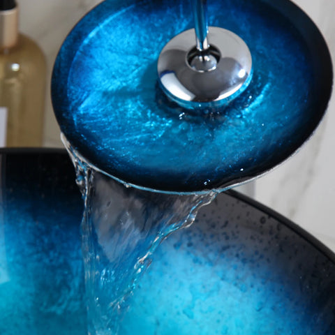 Torayvino Bathroom Waterfall Washbasin Lavatory Tempered Blue Painting Glass Basin Sink Combine Vessel Vanity Tap Mixer Faucet