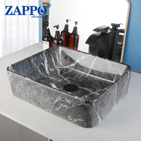 ZAPPO Black Bathroom Vessel Sink With Faucet and Drain, 19"x15"x6" Rectangular Vessel Sink Black Marble Bowl Sinks for Bathroom