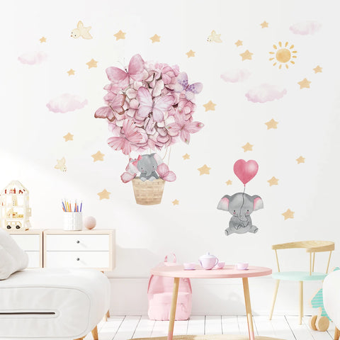 2pcs Cartoon Cute Rabbit Pink Balloon Clouds Wall Stickers for Kids Room Decor Children's Living Room Nursery Wall Decoration