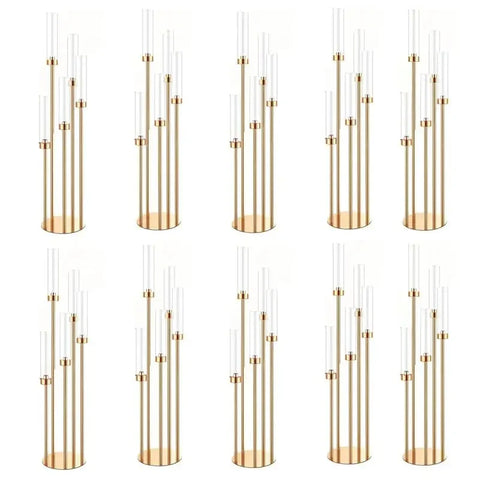 10pcs 5/8 Heads Metal Candelabra Candle Holders Road Lead Table Centerpiece Gold Candelabrum Stand Pillar Candlestick wedding
