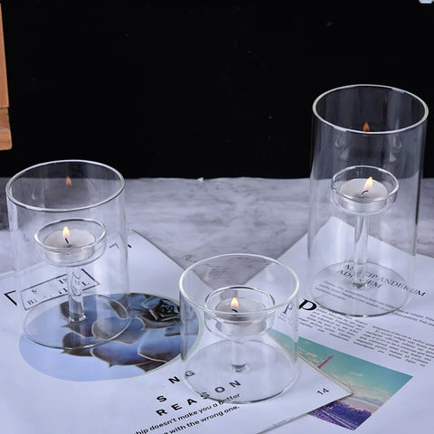 Transparent Glass Candlestick Home Oil Lamp Windproof Candle Holders Cup Cover Table Decor Restaurant Hotel Dining Decorations