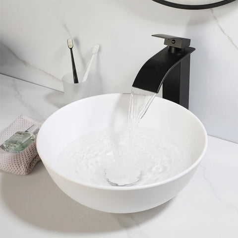Torayvino Polymer Skin Feel Art Basin Bathroom Vessel Vanity Counter Top Washbasin w/ Mixer Waterfall Faucet & Pop-up Drain Set