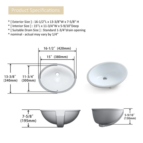 MEJE Undermount Oval Bathroom Sink, Ceramic White Vanity Top Sink with Overflow