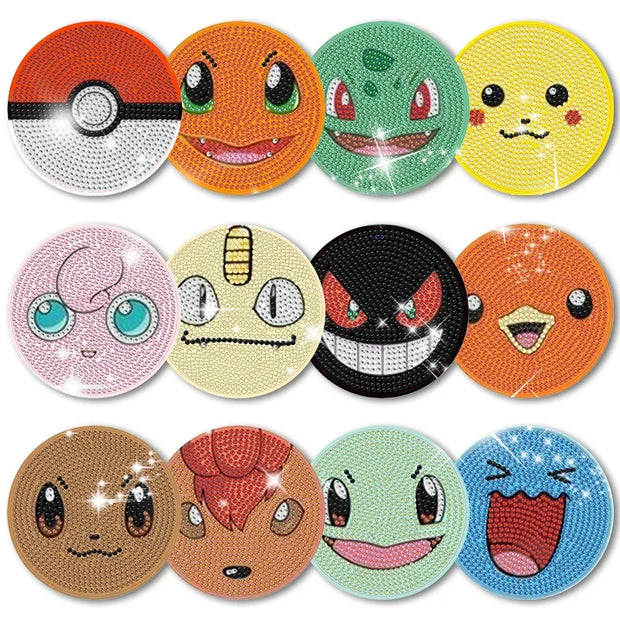 6/8/9/12pcs DIY Pokémon Diamond Painting Cousters Cute Cartoon Rhinestones Art Mosaic Cup Pad Table Placemat Home Decor Gift
