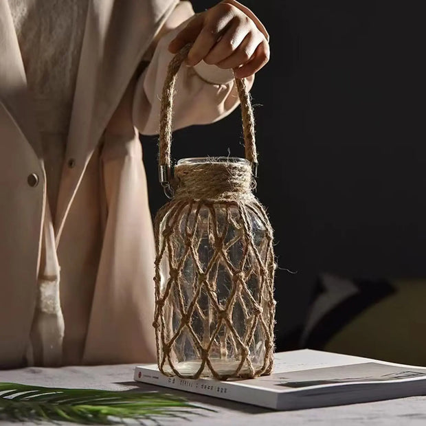 Hand Woven Hemp Rope Glass Vase Dry Flower Decor Art Glass Vase Nordic Living Room Table Decoration Bedroom Boho Home Decoration