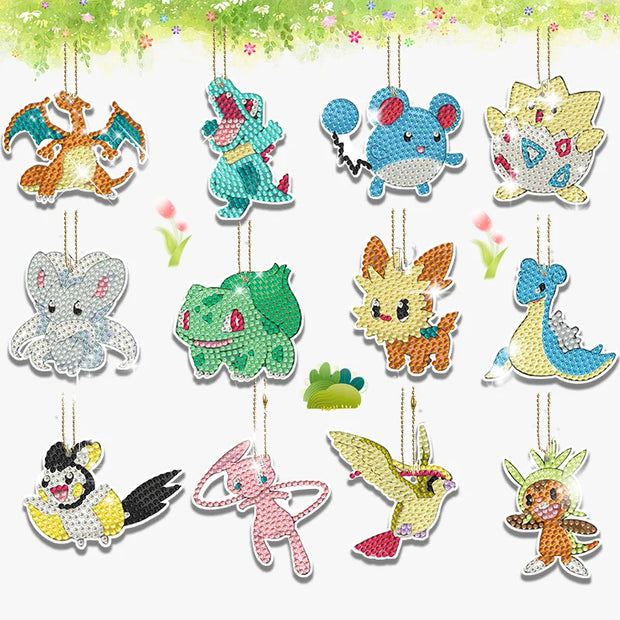 6-12Pcs Pokémon DIY Diamond Painting Keychains Cute Pikachu Rhinestones Art Mosaic Keyring Women Bag Pendant Decor Craft Gift