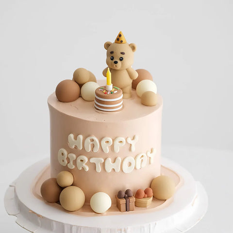 Bear Cake Topper Blowing Candles Bear Beige Brown Balls Gift Boxes for Kids Happy Birthday Cake Toppers Ins Style Cake Deoration