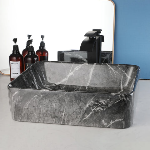 ZAPPO Black Bathroom Vessel Sink With Faucet and Drain, 19"x15"x6" Rectangular Vessel Sink Black Marble Bowl Sinks for Bathroom