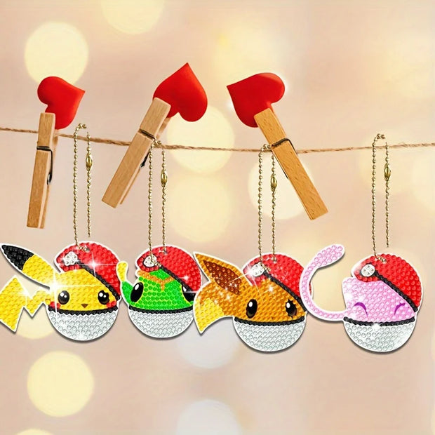 6-12Pcs Pokémon DIY Diamond Painting Keychains Cute Pikachu Rhinestones Art Mosaic Keyring Women Bag Pendant Decor Craft Gift