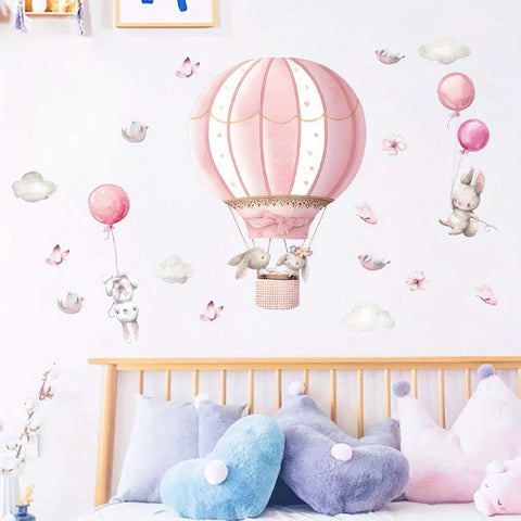 2pcs Cartoon Cute Rabbit Pink Balloon Clouds Wall Stickers for Kids Room Decor Children's Living Room Nursery Wall Decoration