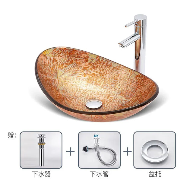 Bathroom Counter top Sink Bowl with Tap Washroom Vessel Vanity Sinks Blue Tempered Glass Basin Sink Washbasin Faucet Set