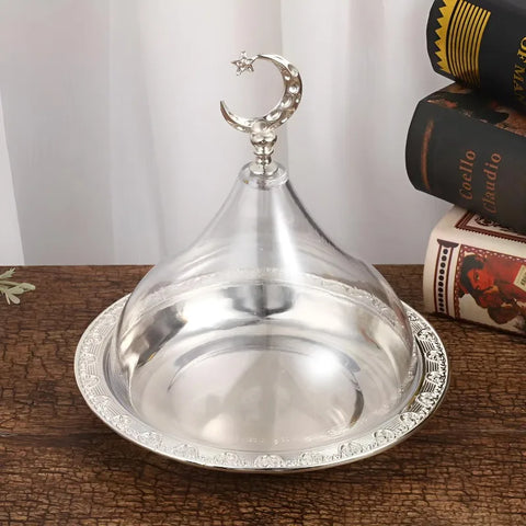 Metal Ramadan Tray with Clear Domed Lid Mini Cake Candy Sealed Tray Reusable Dessert Tray Round Carved Moon Serving