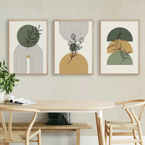 Interior Boho Green Beige Geometric Leaves Abstract Line Circle Poster Wall Art Canvas Painting Prints Picture Living Room Decor