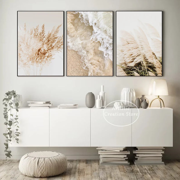 Neutral Boho Beach Coastal Pampas Grass Ocean Waves Photography Poster Canvas Painting Modern Wall Art Pictures Home Decor