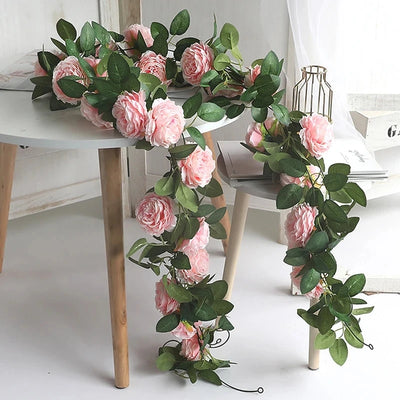 Kahaul Artificial Silk Peony Big Flowers Vine Christmas Rattan Wedding Party Wall Hanging Garland Home Garden Decoration Plant