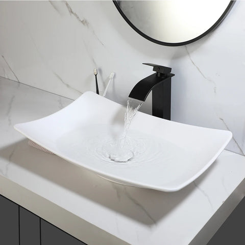 Torayvino Polymer Skin Feel Art Basin Bathroom Vessel Vanity Counter Top Washbasin w/ Mixer Waterfall Faucet & Pop-up Drain Set