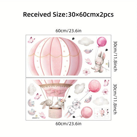 2pcs Cartoon Cute Rabbit Pink Balloon Clouds Wall Stickers for Kids Room Decor Children's Living Room Nursery Wall Decoration